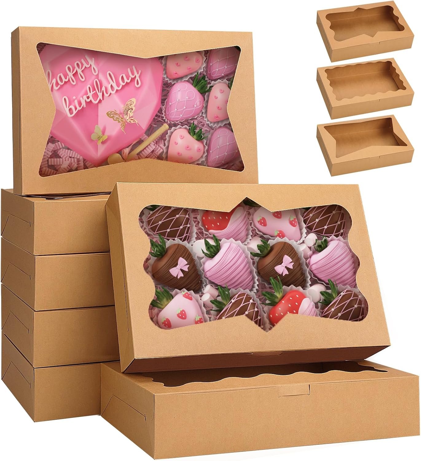 Caja de pastelería blanca con ventana de 12x8x2.5 pulgadas y diseño de 3 estilos, ideal para donas, frutas cubiertas de chocolate y pasteles, Marca Blanca, disponible a través de nuestra Fábrica.