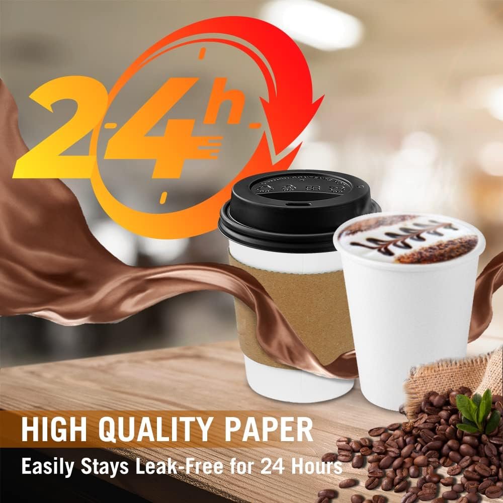 Tazas desechables de café gruesas de 8 oz con tapa y manguito, 100 unidades, ideales para café caliente, chocolate y cocoa, Proveedor de vasos personalizados con logo para marca blanca.