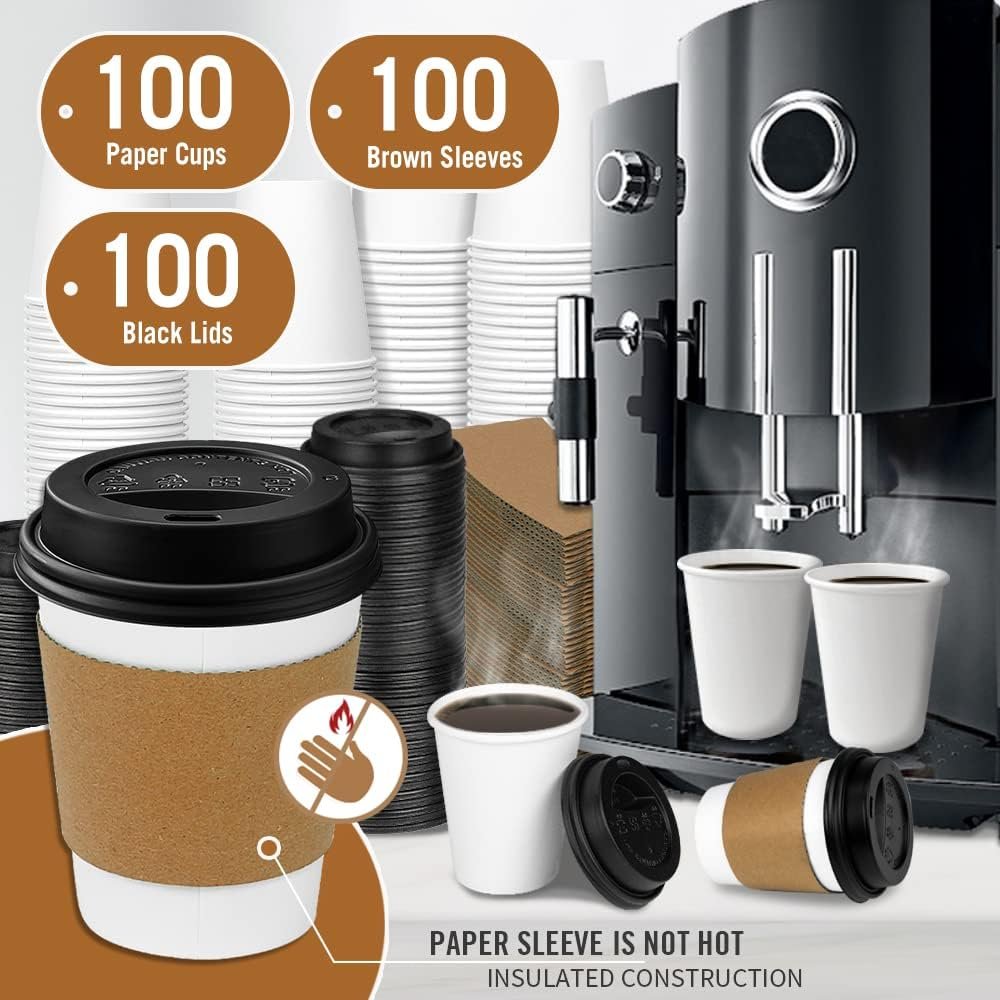 Tazas desechables de café gruesas de 8 oz con tapa y manguito, 100 unidades, ideales para café caliente, chocolate y cocoa, Proveedor de vasos personalizados con logo para marca blanca.