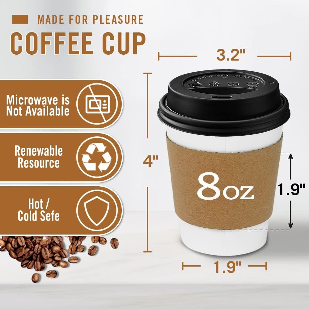 Tazas desechables de café gruesas de 8 oz con tapa y manguito, 100 unidades, ideales para café caliente, chocolate y cocoa, Proveedor de vasos personalizados con logo para marca blanca.