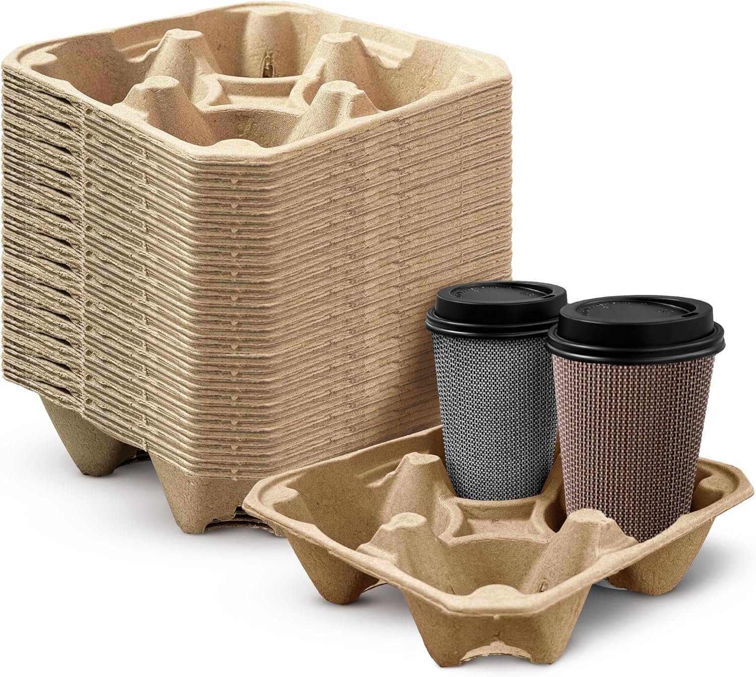 Logo Personalizado - Bandejas portavasos desechables de 4 tazas de 12-24 oz, cartón de pulpa compostable, soporte resistente para café para llevar, ideal para delivery con Marca Blanca de Proveedor.