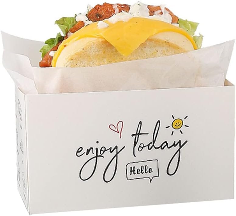Caja de comida para llevar marca blanca 100 unidades (13.2 cm  7.4 cm  6.8 cm) para sándwiches, donas, hamburguesas con logo personalizado - Proveedor de empaques de papel.