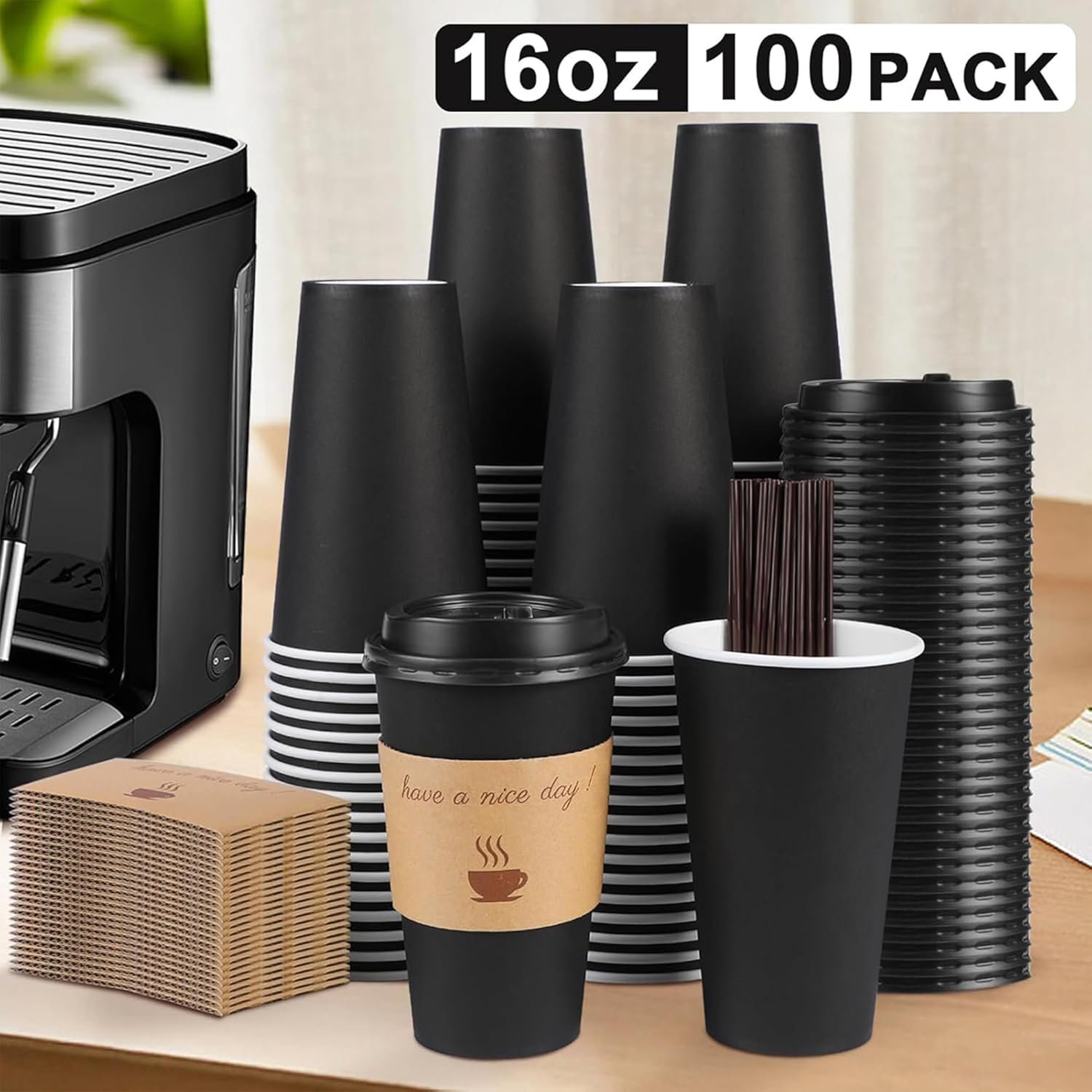 Logo Personalizado Tazas de Café Desechables de 16 oz con Tapas, Paquete de 100 con Mangas y Palitos de Revolver para Bebidas Calientes y Frías en Oficina, Casa, Tienda y Eventos (Negro) Proveedor Logo Personalizado Tazas de Café Desechables de 16 oz con Tapas, Paquete de 100 con Mangas y Palitos de Revolver para Bebidas Calientes y Frías en Oficina, Casa, Tienda y Eventos (Negro) Proveedor