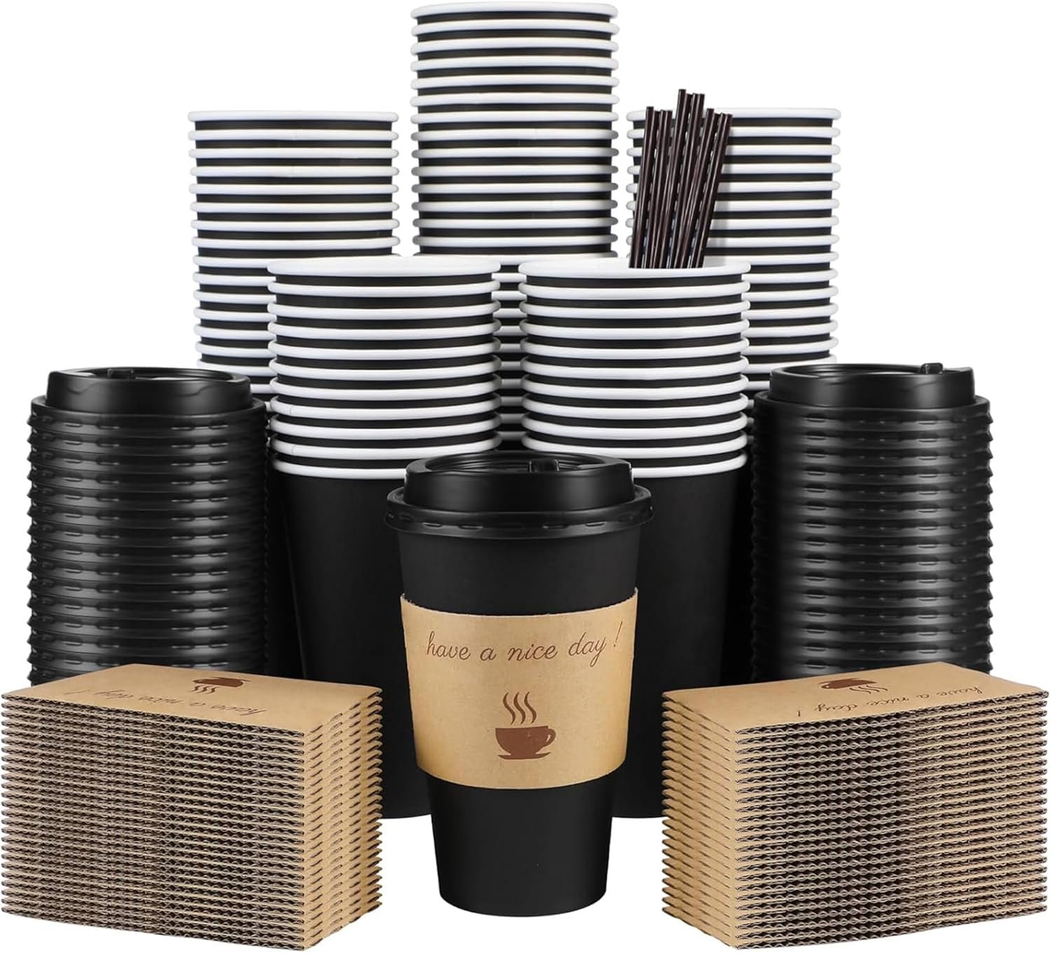 Logo Personalizado Tazas de Café Desechables de 16 oz con Tapas, Paquete de 100 con Mangas y Palitos de Revolver para Bebidas Calientes y Frías en Oficina, Casa, Tienda y Eventos (Negro) Proveedor