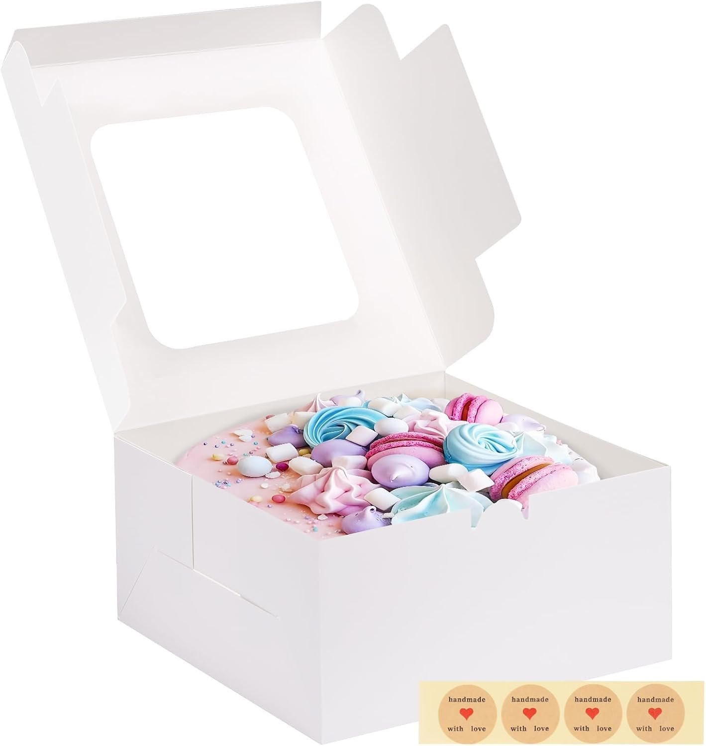 Caja de pastel desechable con ventana, 10x10x5 pulgadas, ideal para cupcakes, galletas y tartas, con logo personalizado para su marca blanca, fabricada por un proveedor de confianza.