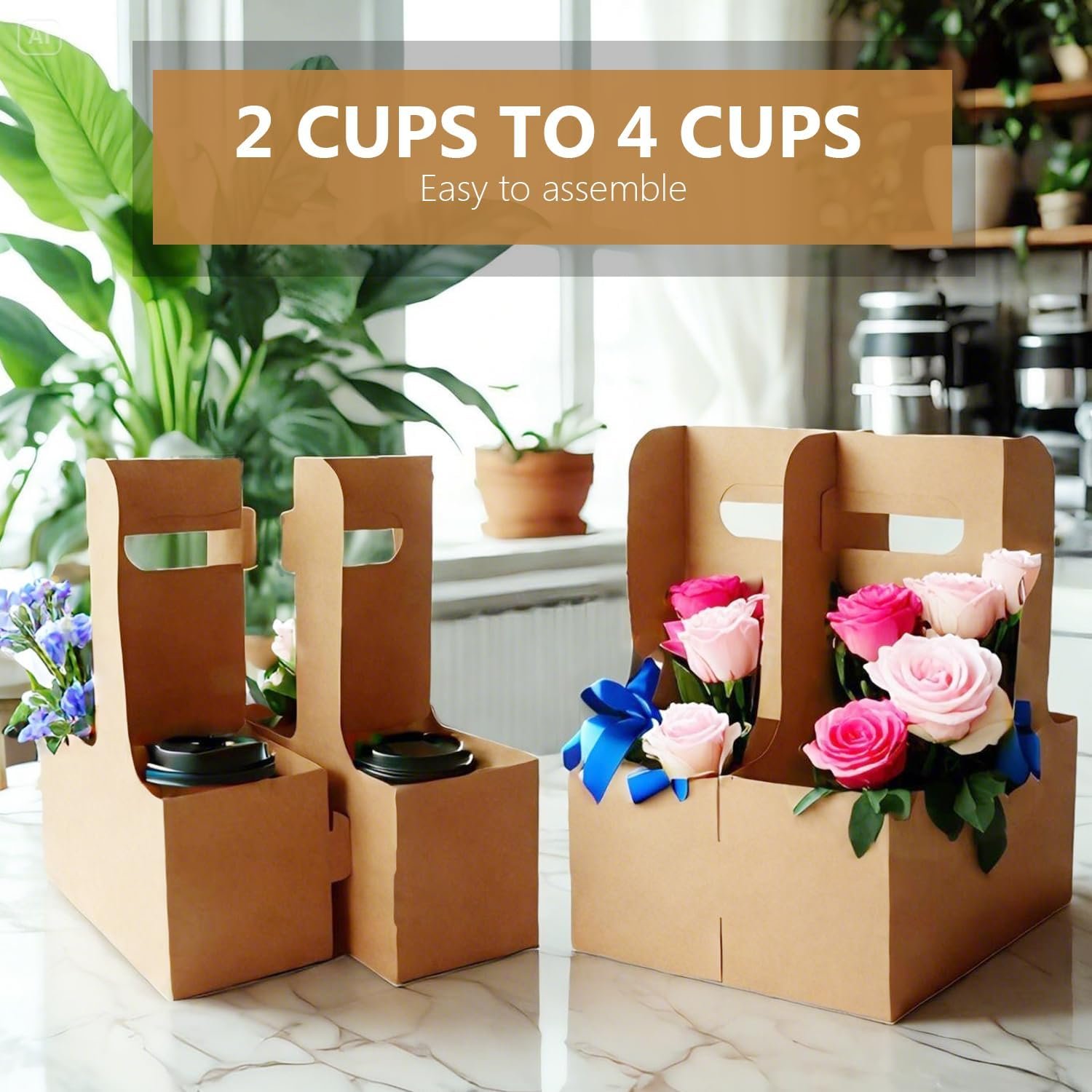 Logo Personalizado Portavasos de 2/4 Tazas con Manija (12-30oz) | Bandeja de Bebidas Desechable y Plegable para Bebidas Calientes y Frías, Café para Llevar, Entrega y Comida para Llevar | Proveedor de Soluciones de Empaque