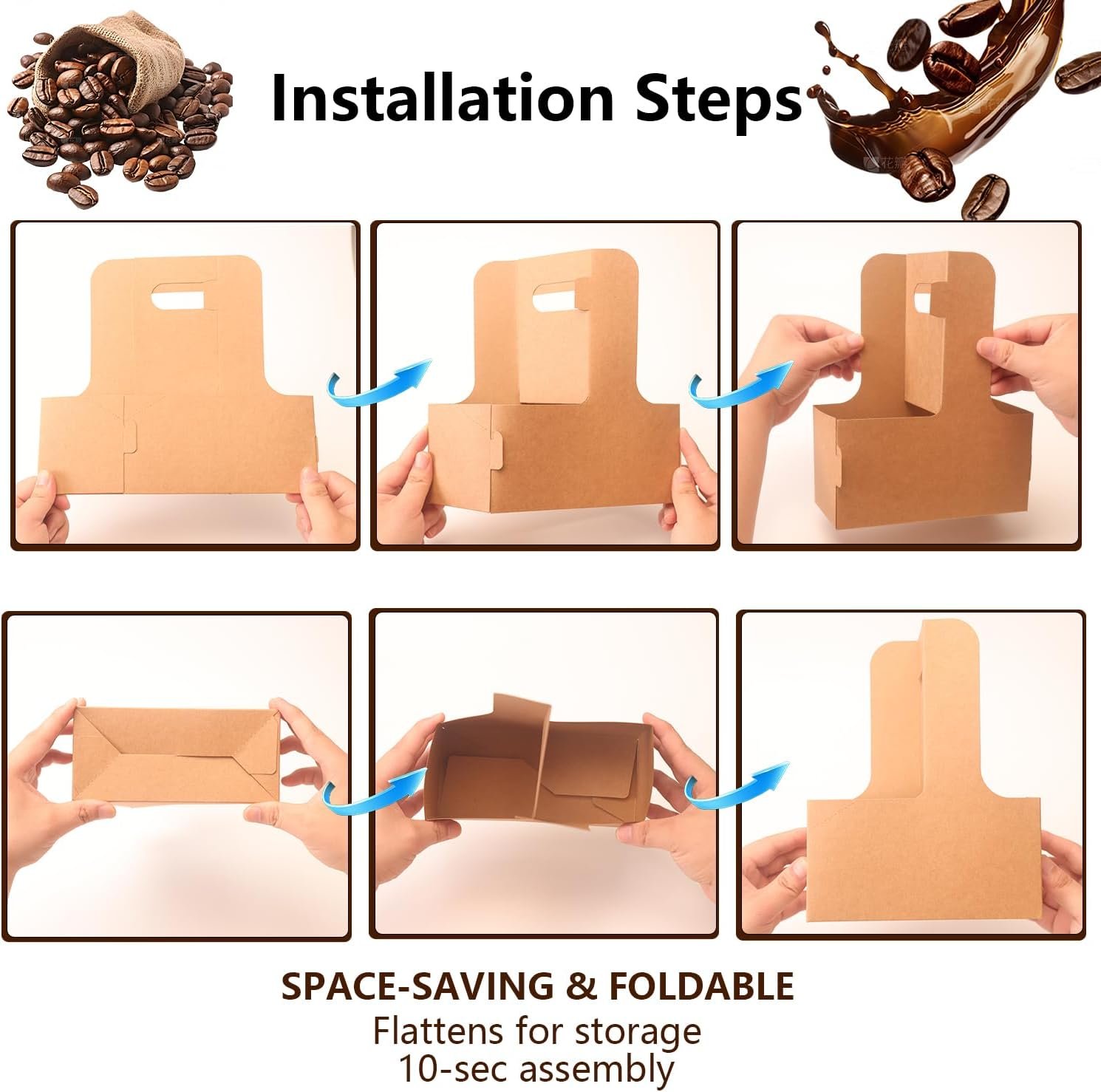 Logo Personalizado Portavasos de 2/4 Tazas con Manija (12-30oz) | Bandeja de Bebidas Desechable y Plegable para Bebidas Calientes y Frías, Café para Llevar, Entrega y Comida para Llevar | Proveedor de Soluciones de Empaque