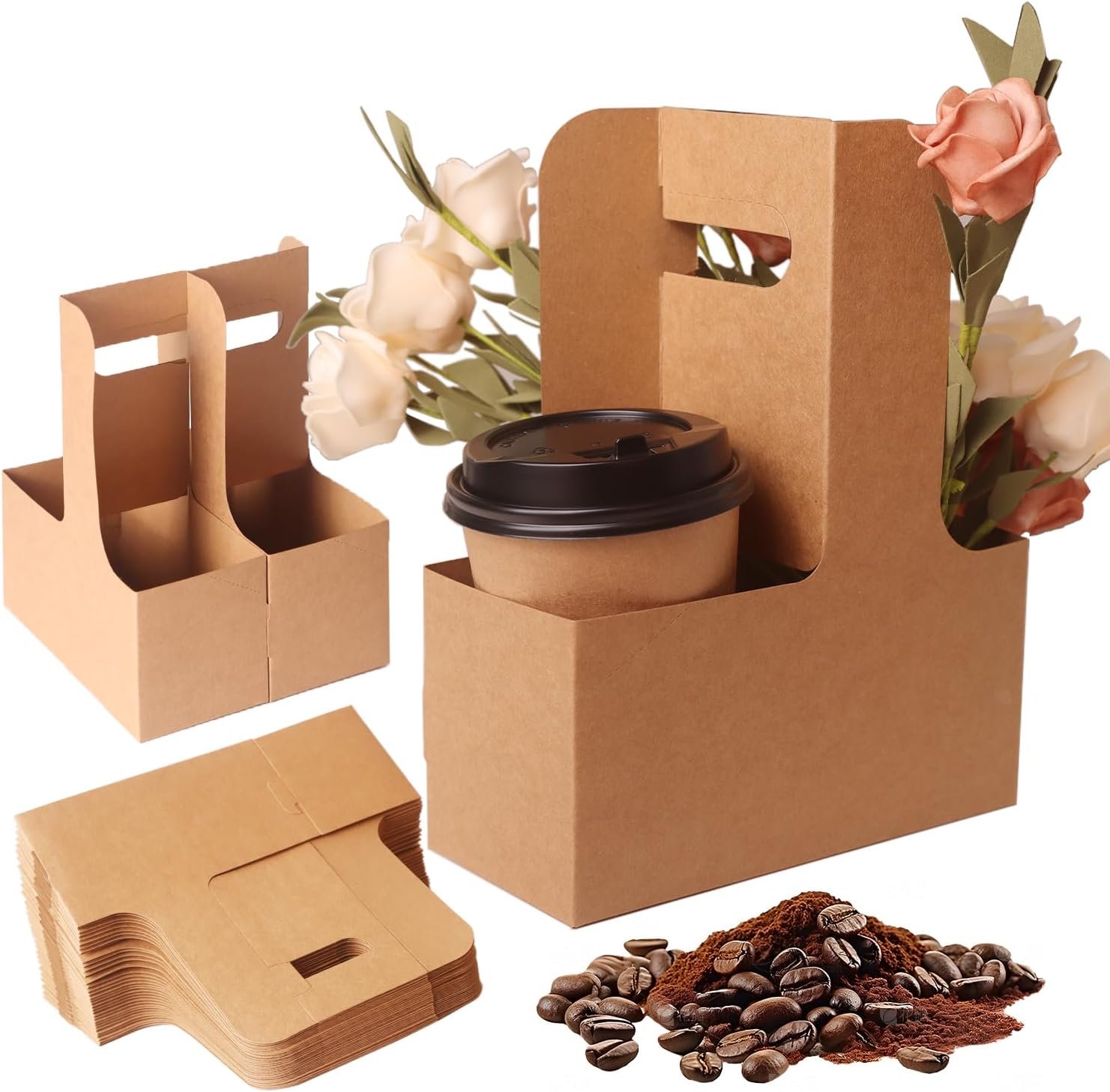 Logo Personalizado Portavasos de 2/4 Tazas con Manija (12-30oz) | Bandeja de Bebidas Desechable y Plegable para Bebidas Calientes y Frías, Café para Llevar, Entrega y Comida para Llevar | Proveedor de Soluciones de Empaque