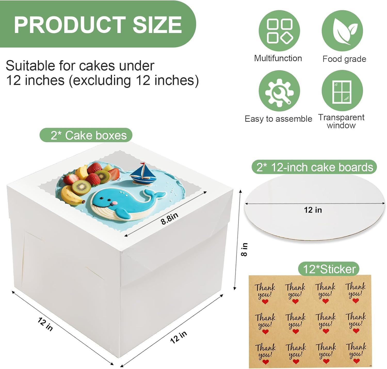 Caja de Pasteles 2 Pack con Ventana Grande, 12x12x8 Pulgadas, Cajas de Repostería Desechables con Tapa, Ideal para Cookies y Pies, con Logo Personalizado, Fabricante de Envases para Bodas y Cumpleaños, Marca Blanca.