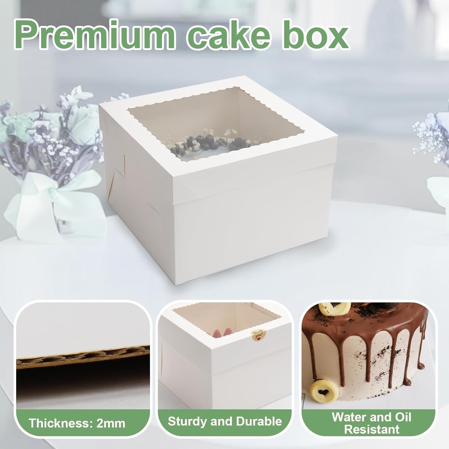 Caja de Pasteles 2 Pack con Ventana Grande, 12x12x8 Pulgadas, Cajas de Repostería Desechables con Tapa, Ideal para Cookies y Pies, con Logo Personalizado, Fabricante de Envases para Bodas y Cumpleaños, Marca Blanca.