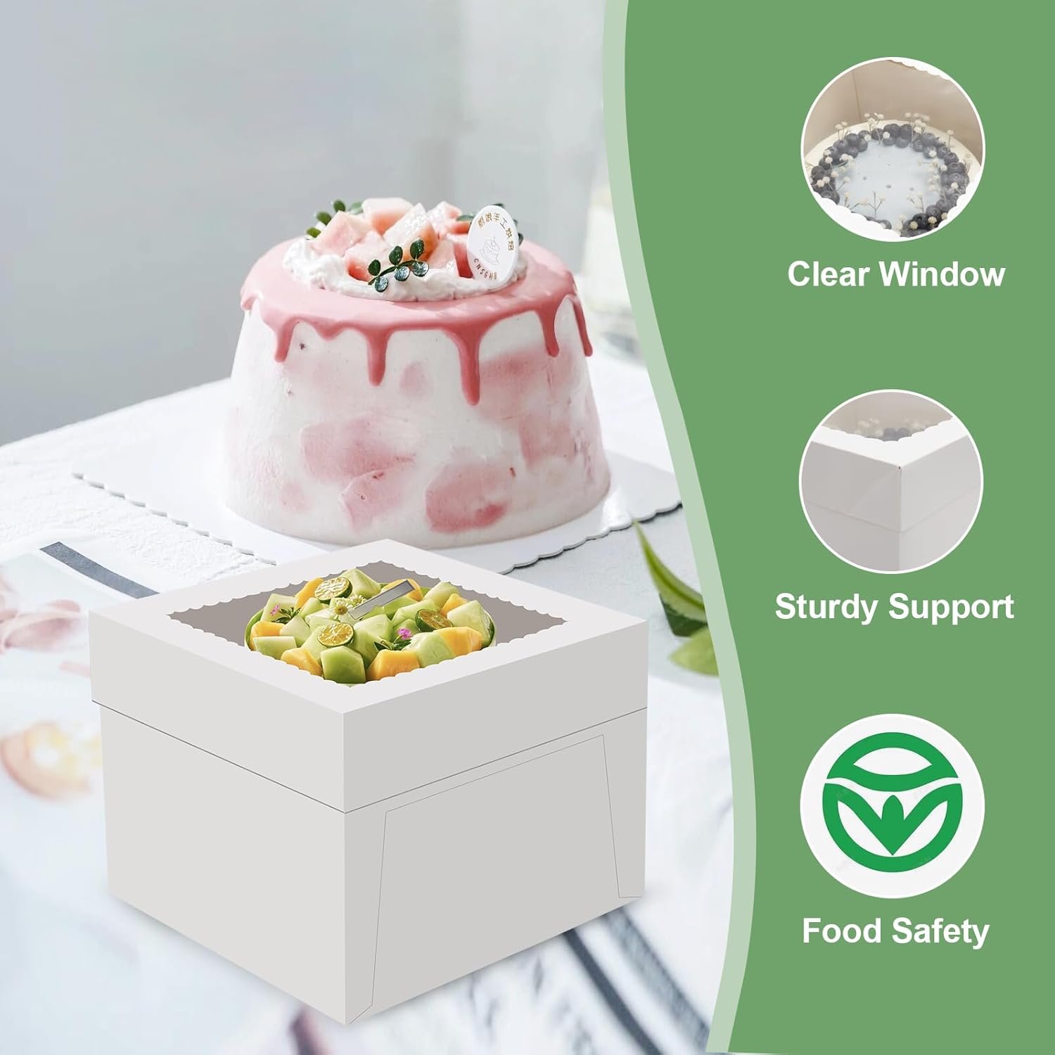 Caja de Pasteles 2 Pack con Ventana Grande, 12x12x8 Pulgadas, Cajas de Repostería Desechables con Tapa, Ideal para Cookies y Pies, con Logo Personalizado, Fabricante de Envases para Bodas y Cumpleaños, Marca Blanca.