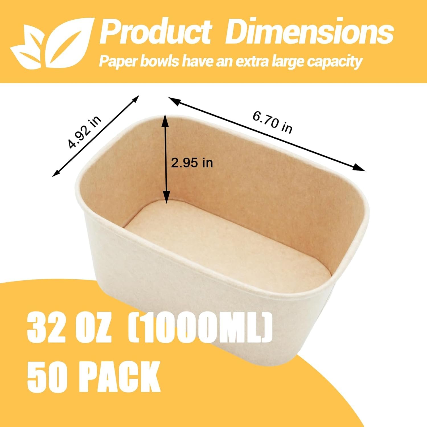 Logo Personalizado 50 Pack de Cuencos de Papel Grandes de 32 OZ con Tapa, Contenedores Desechables y Compostables para Fiestas, Cuencos Desechables Resistente al Agua y Aprobados para Microondas para Uso en Caliente y Frío, Proveedor de Productos Sostenibles.