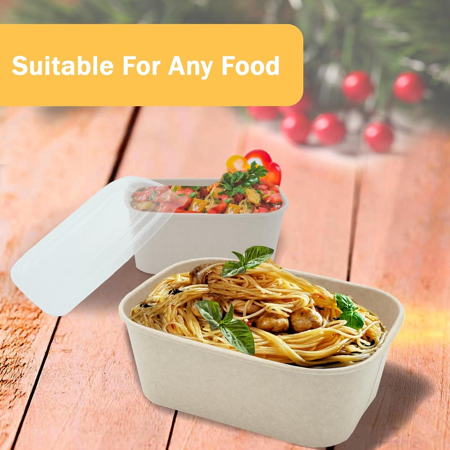 Logo Personalizado 50 Pack de Cuencos de Papel Grandes de 32 OZ con Tapa, Contenedores Desechables y Compostables para Fiestas, Cuencos Desechables Resistente al Agua y Aprobados para Microondas para Uso en Caliente y Frío, Proveedor de Productos Sostenibles.