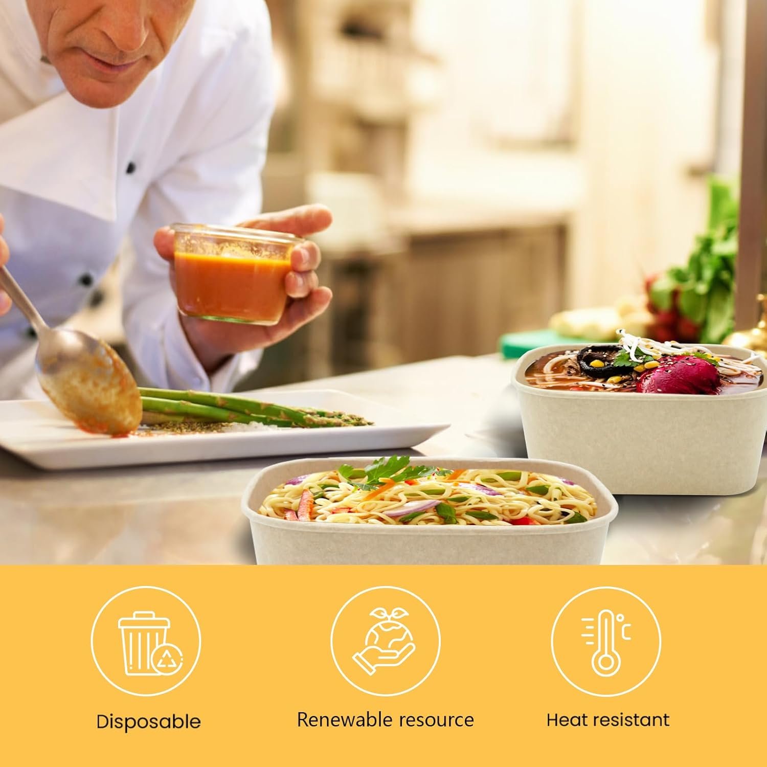 Logo Personalizado 50 Pack de 25 OZ Grandes Cuencos de Papel con Tapa, Contenedor Desechable Compostable, Cuencos Desechables a Granel Resistentes al Agua y Apto para Microondas para Uso Caliente/Frío, Proveedor de Soluciones Ecológicas.