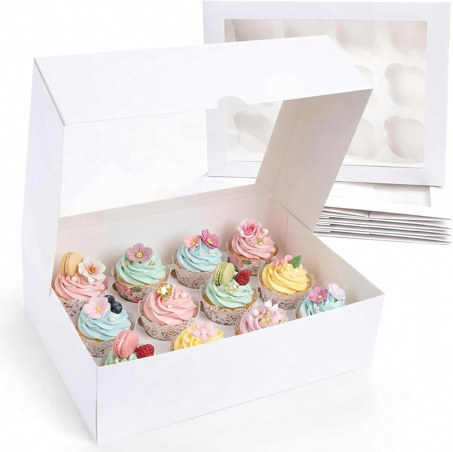 Cajas de Cupcakes con Ventana 12 Unidades, Contenedor de 6PCS para Sostener 72 Pasteles, Logo Personalizado, Suministros para Fiestas de Cumpleaños y Celebraciones, Dimensiones 13.2"x9.8"x4", Proveedor de Calidad