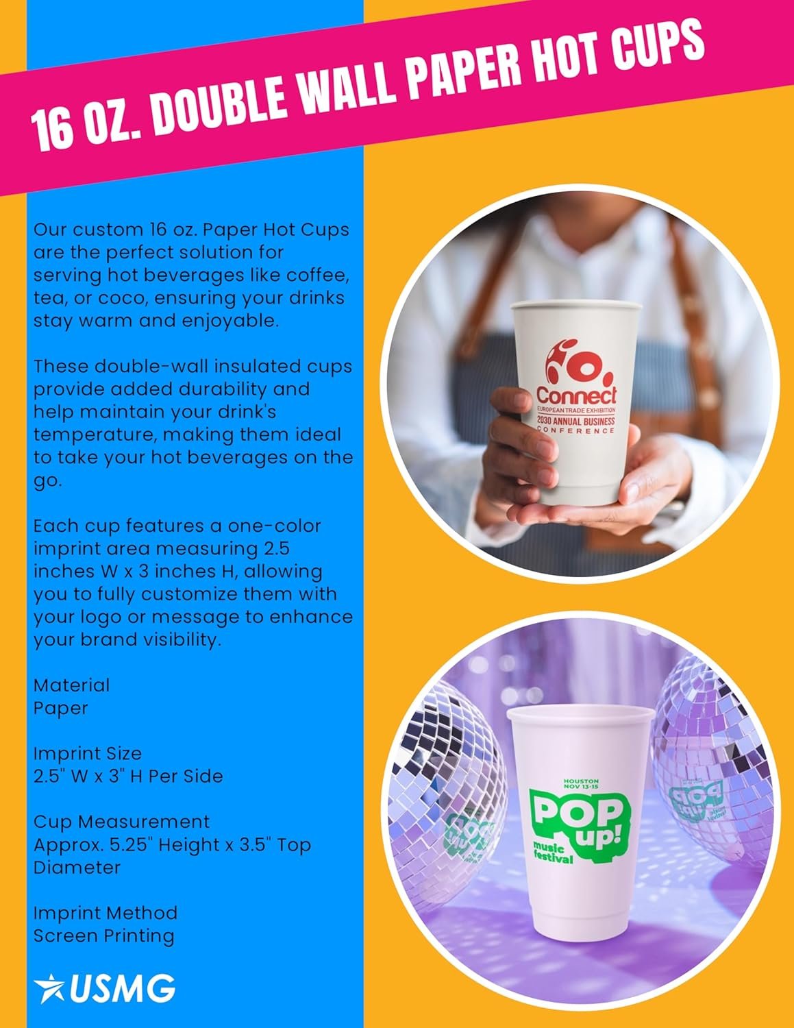 Copa de papel doble pared personalizada de 16 oz con logo personalizado para bebidas calientes o frías, ideal para enfriadores de agua, fiestas o promoción de marca | Proveedor de productos promocionales (cantidad 100)