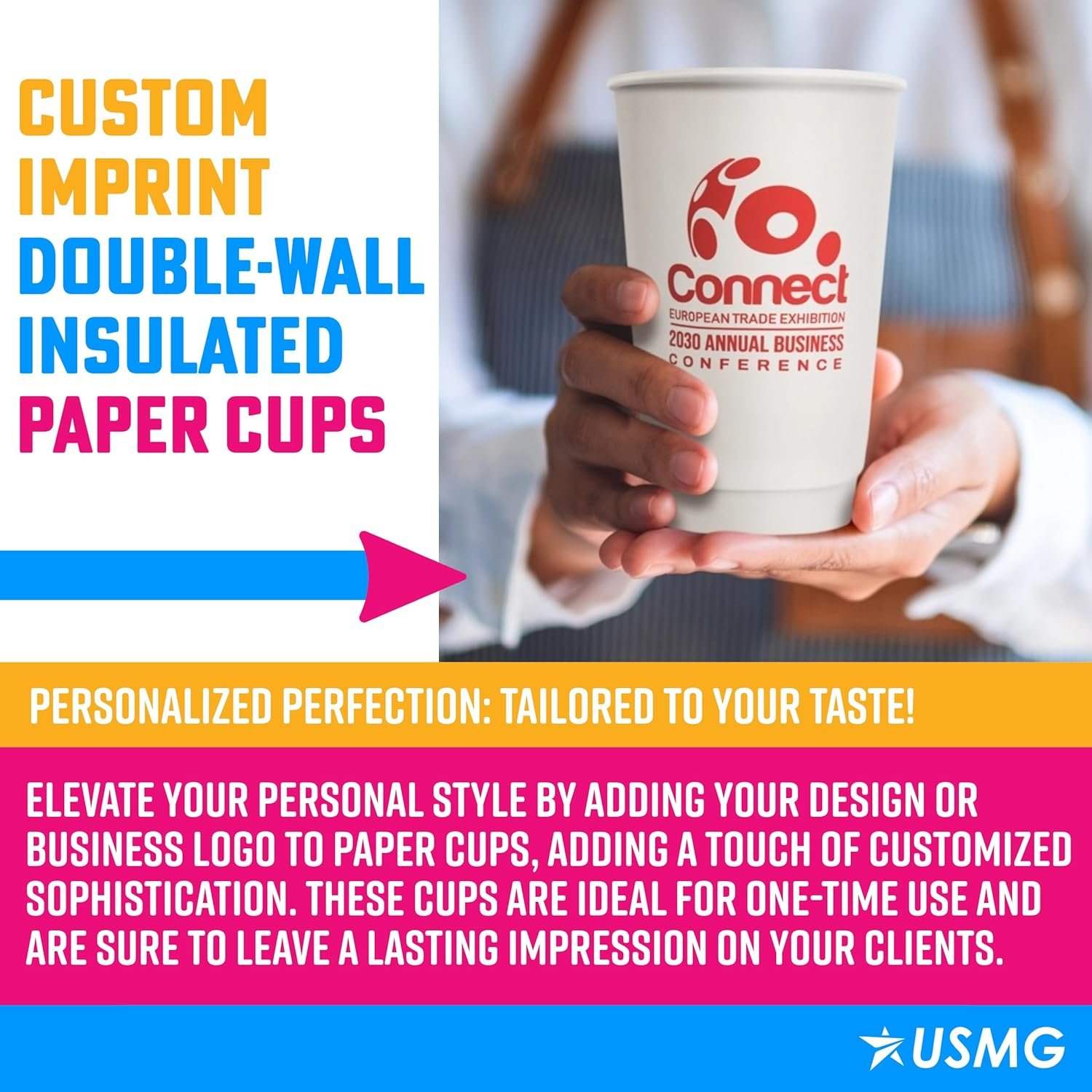 Copa de papel doble pared personalizada de 16 oz con logo personalizado para bebidas calientes o frías, ideal para enfriadores de agua, fiestas o promoción de marca | Proveedor de productos promocionales (cantidad 100)