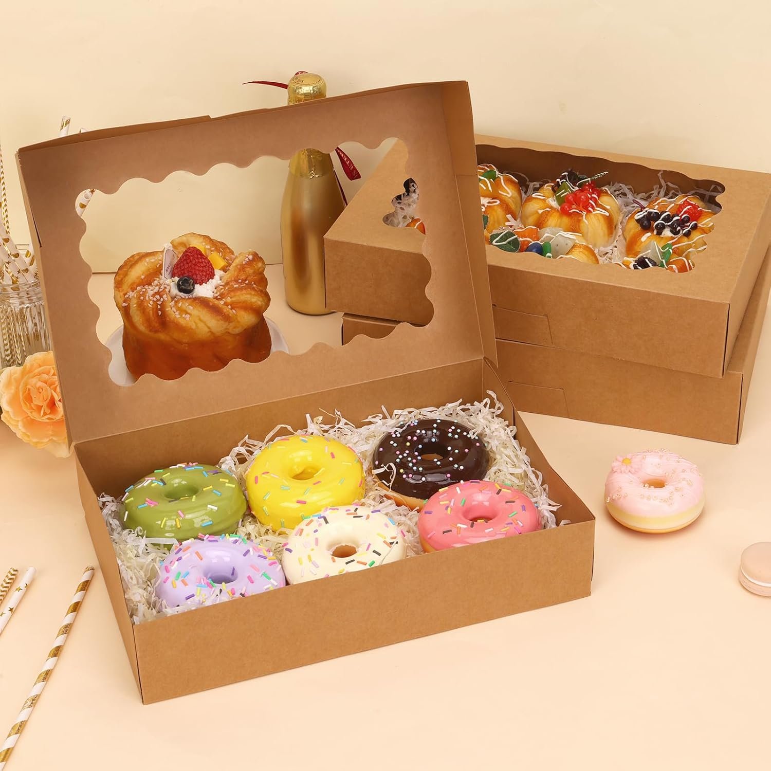 Logo Personalizado para Cajas de Pastelería de 15 piezas, 12x8x2.5 pulgadas, cajas para galletas auto-pop-up con ventanas ideales para fresas cubiertas de chocolate, donuts y pasteles, Fábrica de soluciones de embalaje.