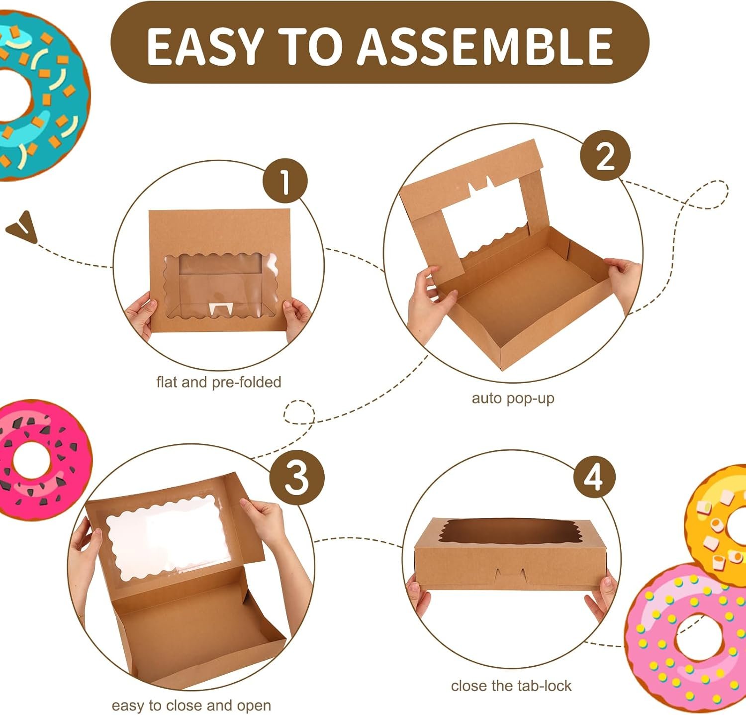 Logo Personalizado para Cajas de Pastelería de 15 piezas, 12x8x2.5 pulgadas, cajas para galletas auto-pop-up con ventanas ideales para fresas cubiertas de chocolate, donuts y pasteles, Fábrica de soluciones de embalaje.