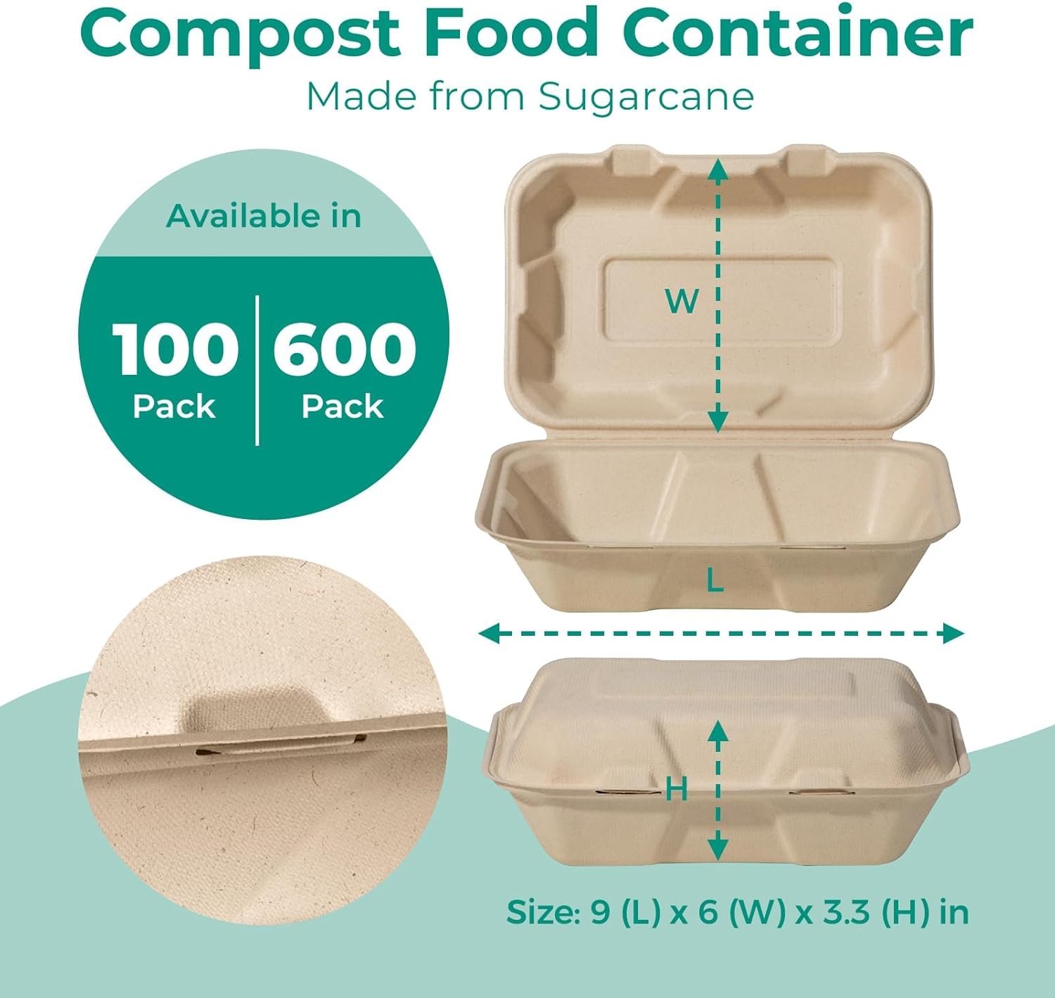 Logo Personalizado Contenedores de Comida 9x6 Compostables para Llevar, Cajas Desechables para Alimentos, Almuerzos, Clamshell para Llevar con Tapa, Ecológicos y Biodegradables, Marca Blanca Proveedor.