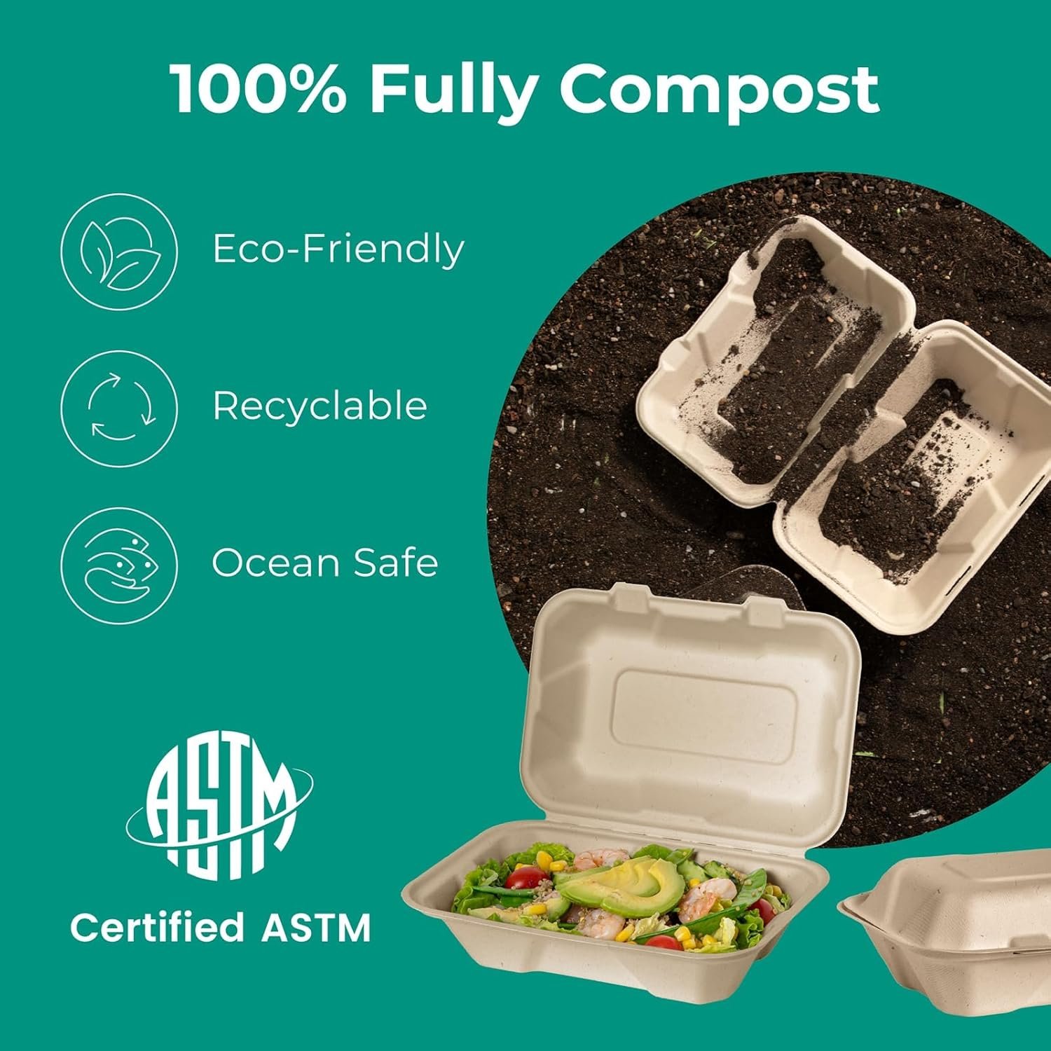 Logo Personalizado Contenedores de Comida 9x6 Compostables para Llevar, Cajas Desechables para Alimentos, Almuerzos, Clamshell para Llevar con Tapa, Ecológicos y Biodegradables, Marca Blanca Proveedor.