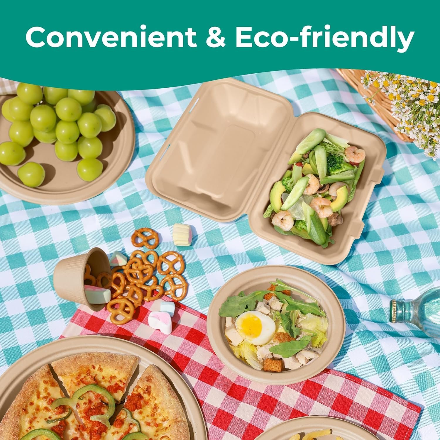 Logo Personalizado Contenedores de Comida 9x6 Compostables para Llevar, Cajas Desechables para Alimentos, Almuerzos, Clamshell para Llevar con Tapa, Ecológicos y Biodegradables, Marca Blanca Proveedor.