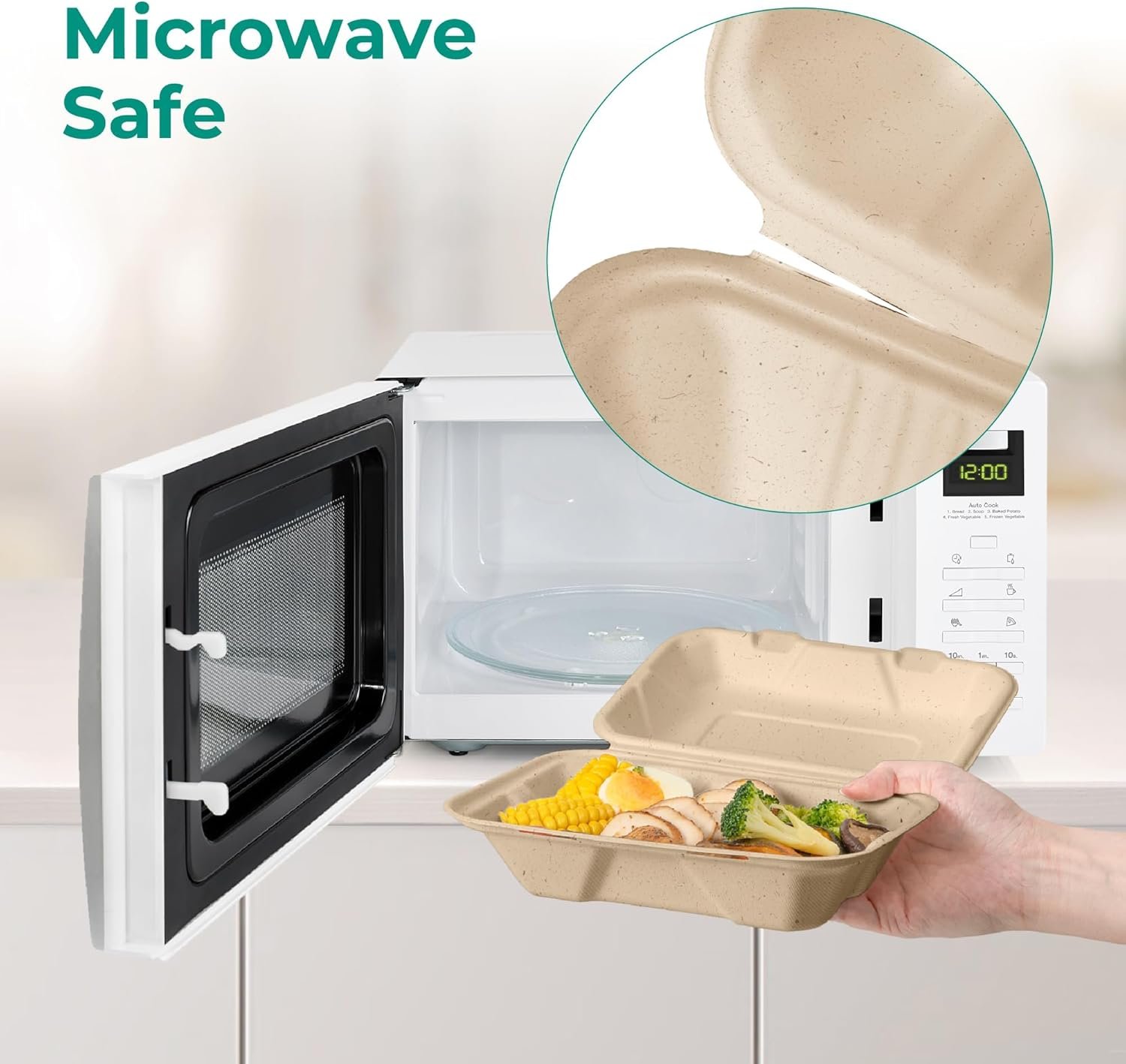 Logo Personalizado Contenedores de Comida 9x6 Compostables para Llevar, Cajas Desechables para Alimentos, Almuerzos, Clamshell para Llevar con Tapa, Ecológicos y Biodegradables, Marca Blanca Proveedor.