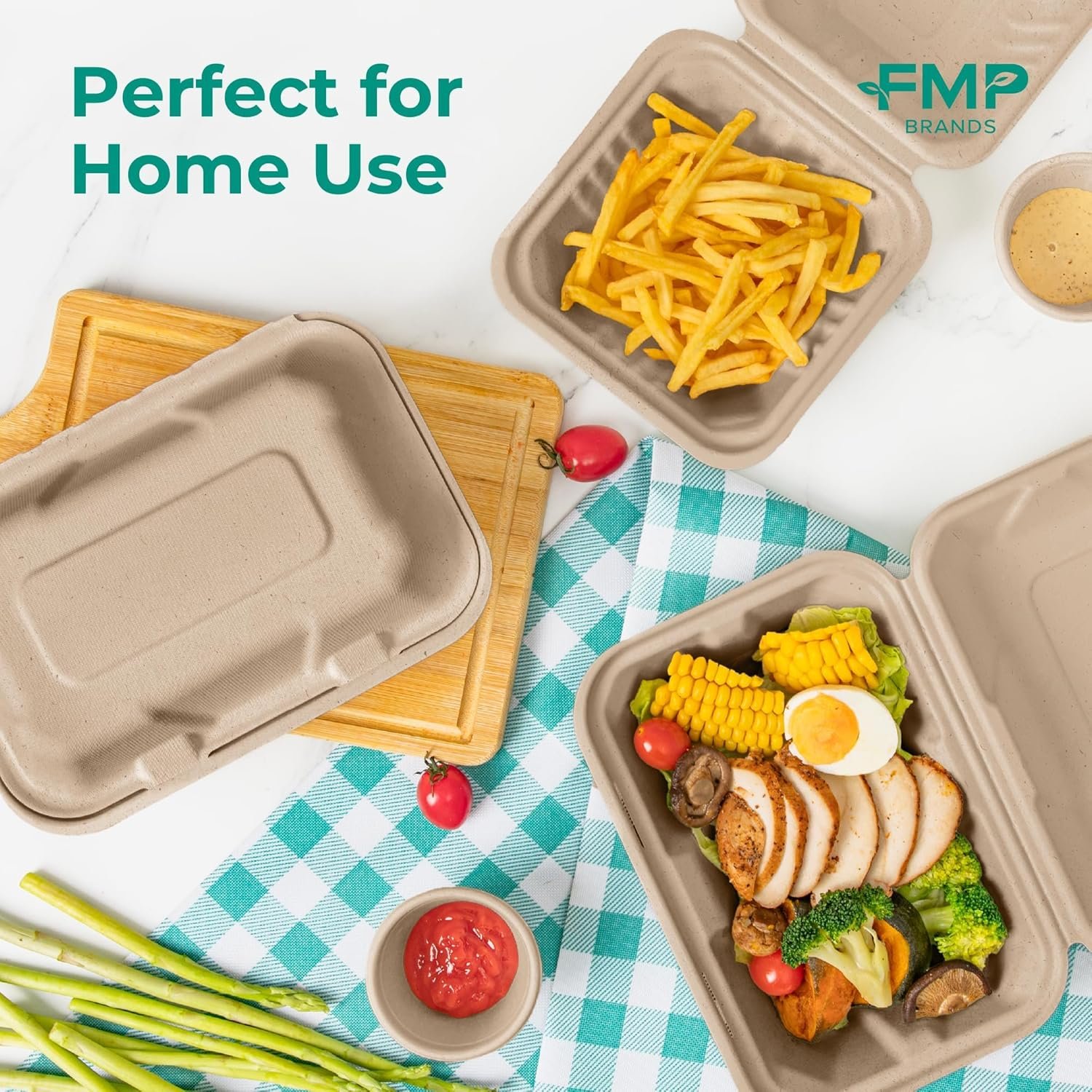 Logo Personalizado Contenedores de Comida 9x6 Compostables para Llevar, Cajas Desechables para Alimentos, Almuerzos, Clamshell para Llevar con Tapa, Ecológicos y Biodegradables, Marca Blanca Proveedor.