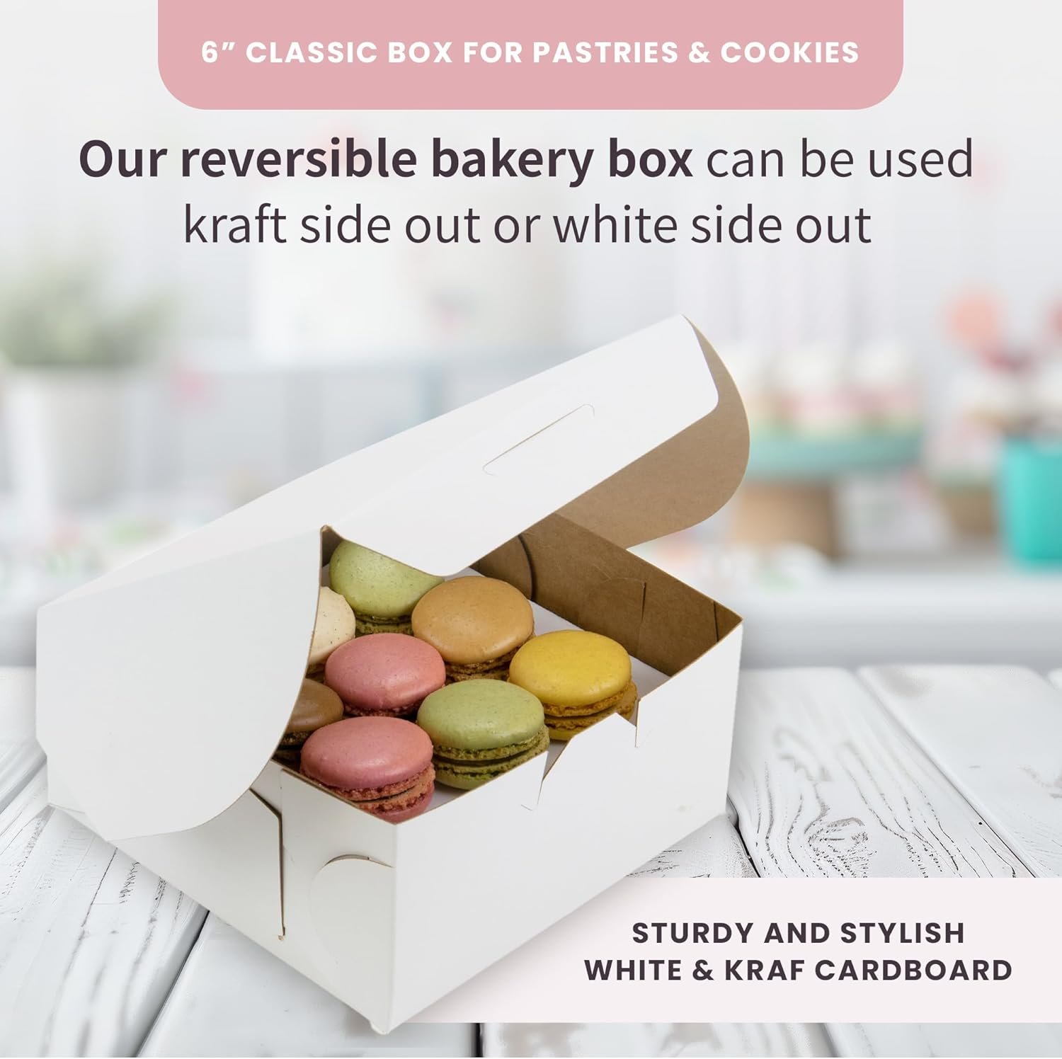 Logo Personalizado para Cajas de Pastelería Reversibles de 6” Clásicas para Pasteles y Galletas, Asegura tu Caja de Panadería con Clips Especiales en el Panel Lateral y un Cierre Frontal, Tamaño 6 x 6 x 3 (Paquete de 50) de Fábrica. Logo Personalizado para Cajas de Pastelería Reversibles de 6” Clásicas para Pasteles y Galletas, Asegura tu Caja de Panadería con Clips Especiales en el Panel Lateral y un Cierre Frontal, Tamaño 6 x 6 x 3 (Paquete de 50) de Fábrica.