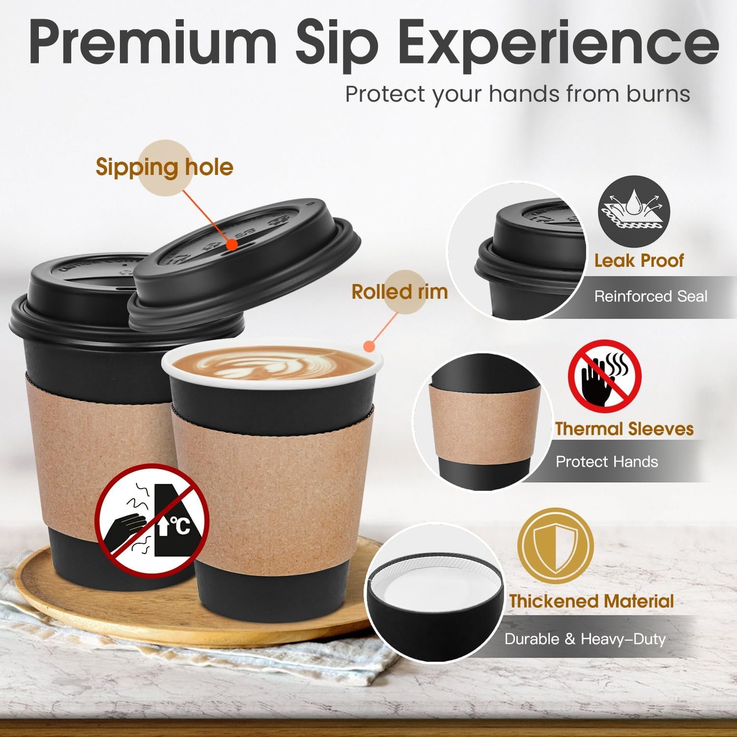 Tazas desechables de café de 12 oz con tapas y mangas, personalizadas con logo, aptas para picnic, fiestas, viajes y oficinas, calidad de fábrica, suministro para cafeterías. Tazas desechables de café de 12 oz con tapas y mangas, personalizadas con logo, aptas para picnic, fiestas, viajes y oficinas, calidad de fábrica, suministro para cafeterías.