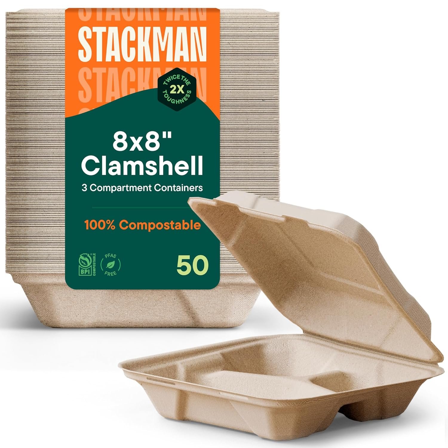 Logo Personalizado Envases de Comida para Llevar Compostables 100% [8X8" 3 Compartimentos 50-Pack] de Calidad Pesada, Bagazo Natural, Biodegradables y Ecológicos, Fabricante de Soluciones Sostenibles.