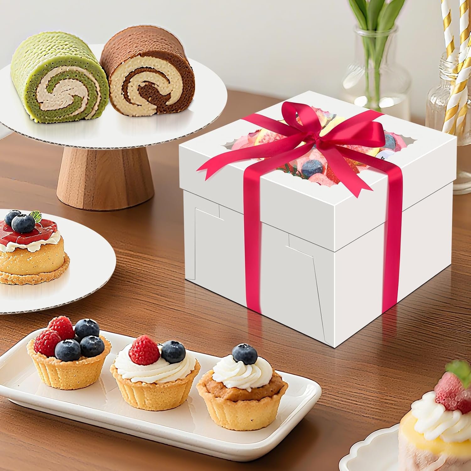Cajas Para Pasteles con Ventana 10x10x5, Personalizadas con Logo y Etiquetas de Cinta, Cajas Desechables de 10 pulgadas como Proveedor para Bodas, Fiestas y Regalos.