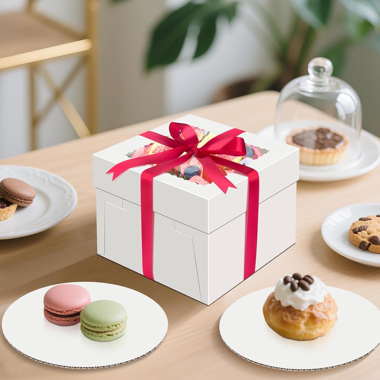 Cajas Para Pasteles con Ventana 10x10x5, Personalizadas con Logo y Etiquetas de Cinta, Cajas Desechables de 10 pulgadas como Proveedor para Bodas, Fiestas y Regalos.