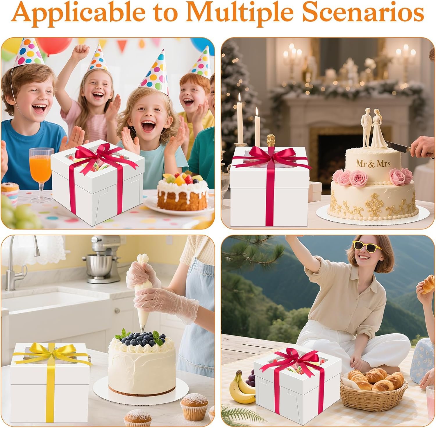 Cajas Para Pasteles con Ventana 10x10x5, Personalizadas con Logo y Etiquetas de Cinta, Cajas Desechables de 10 pulgadas como Proveedor para Bodas, Fiestas y Regalos.