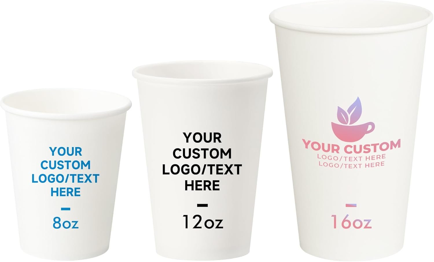 Tazas de papel personalizadas de 8 oz, 12 oz y 16 oz con foto, logo o texto, marca blanca para oficinas, fiestas y eventos de bodas, fabricadas por nuestro proveedor.