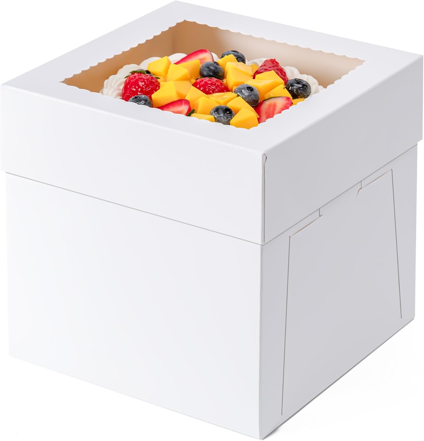 Cajas de pastel desechables 3 pack, ideales para personalizar con logo, dimensiones de 10x10x8 pulgadas, contenedores para el transporte de pasteles con tapa y ventana grande, perfectas para tartas, galletas, cupcakes y pasteles de boda o fiesta, ofrecidas por un proveedor especializado.