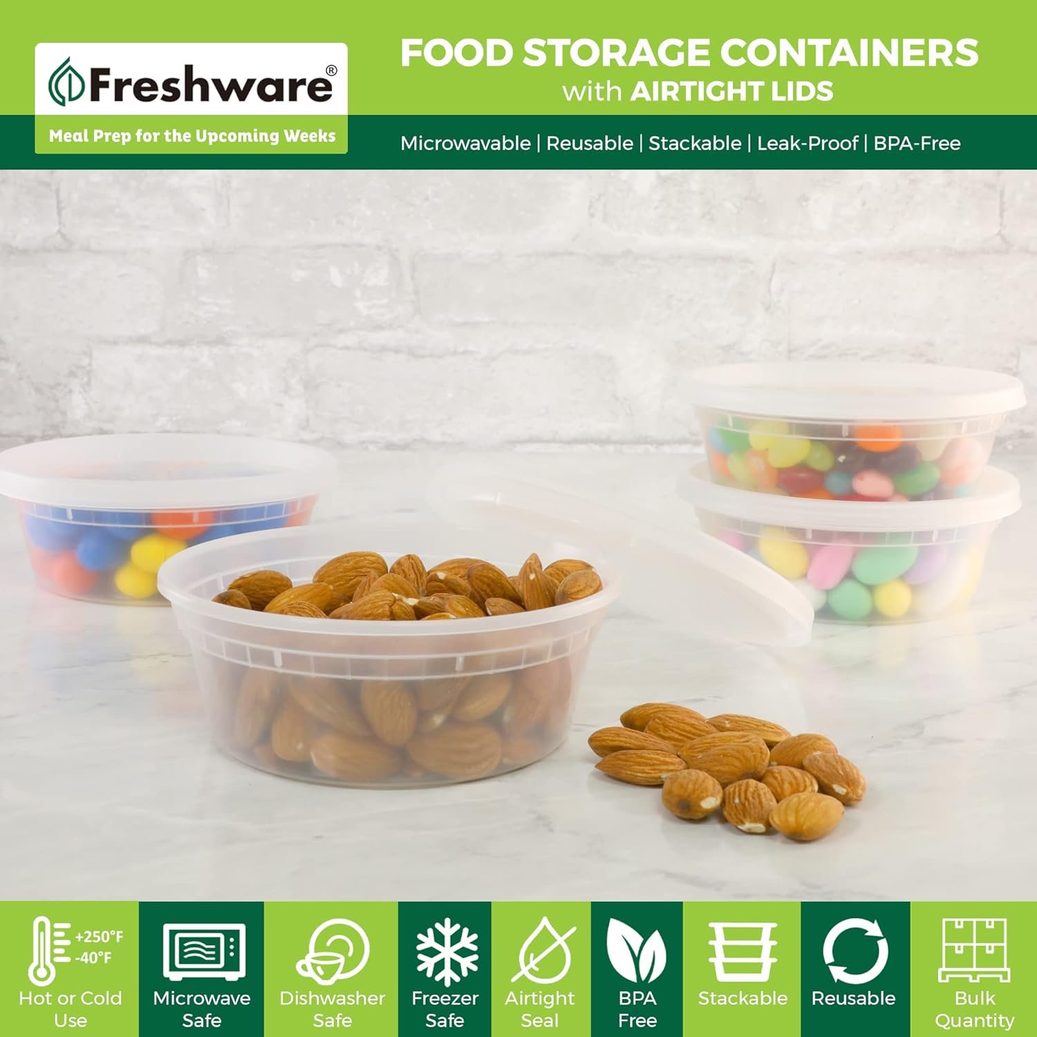 Contenedores de Almacenamiento de Alimentos con Logo Personalizado [Juego de 50] Contenedores de Plástico de 8 oz con Tapa, para Slime, Sopa y Preparación de Comidas | A Prueba de Fugas | Apilables | Sin BPA | Apto para Microondas, Lavavajillas y Congelador | Proveedor
