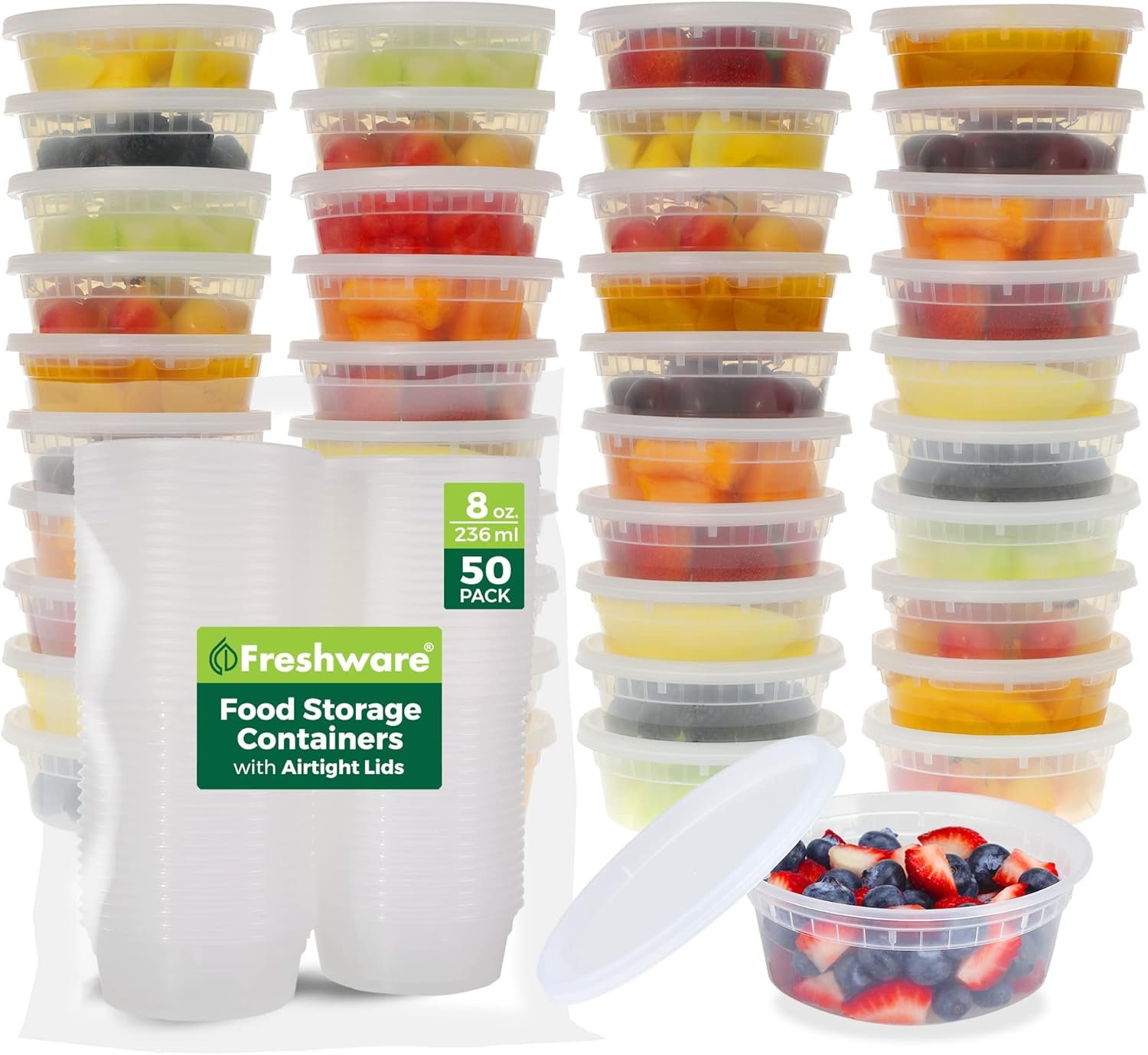 Contenedores de Almacenamiento de Alimentos con Logo Personalizado [Juego de 50] Contenedores de Plástico de 8 oz con Tapa, para Slime, Sopa y Preparación de Comidas | A Prueba de Fugas | Apilables | Sin BPA | Apto para Microondas, Lavavajillas y Congelador | Proveedor