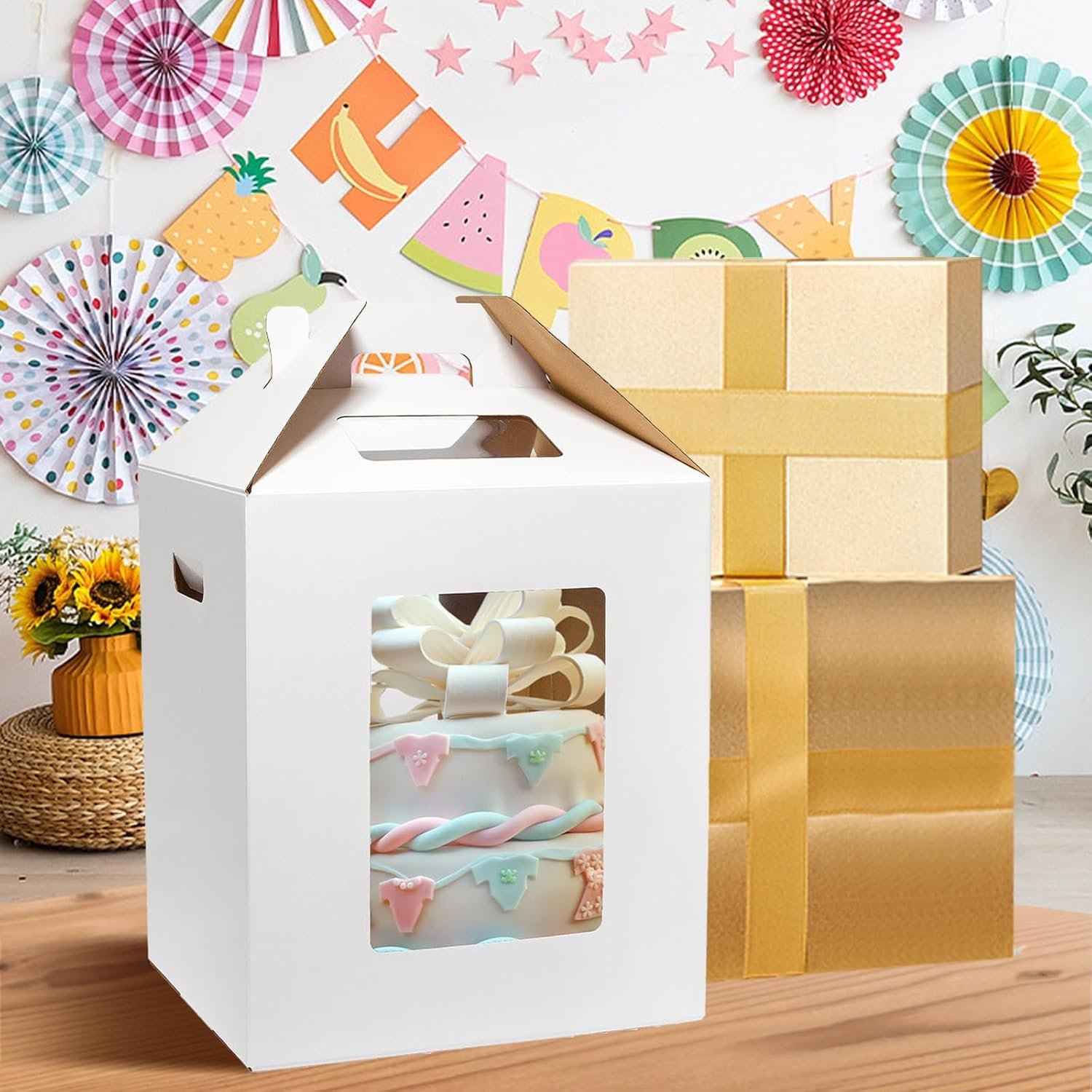 Logo Personalizado Cajas Altas para Pasteles 3 Pack 12x12x14 Pulgadas Desechables Transportadoras de Capas con Ventana y Asa para Bodas, Cumpleaños, Fiestas, Marca Blanca de Fábrica.