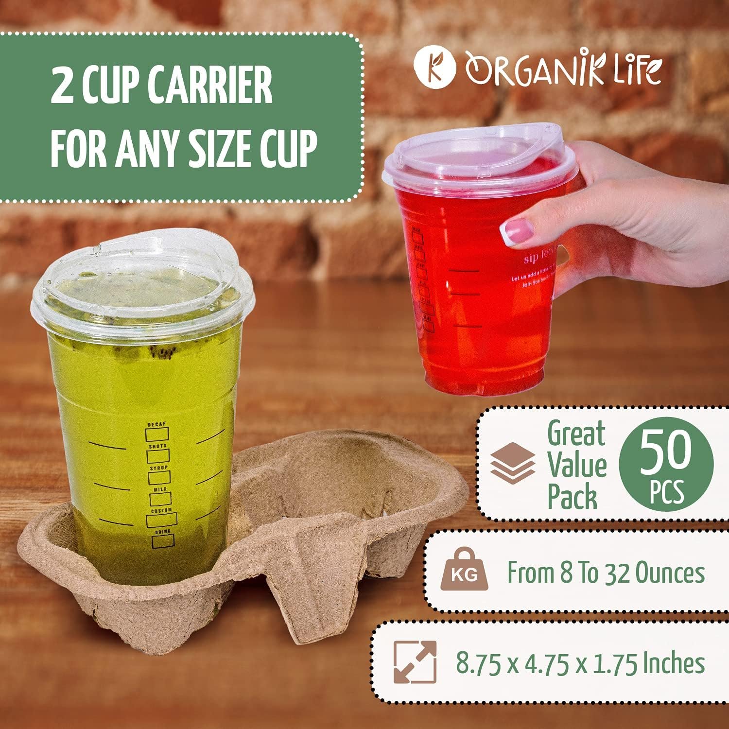 Logo Personalizado para Porta Vasos de 2 Tazas (Paquete de 50), portátil y biodegradable, soporte para bebidas frías o calientes, ideal para entregas, Marca Blanca, proveedor eco-amigable.