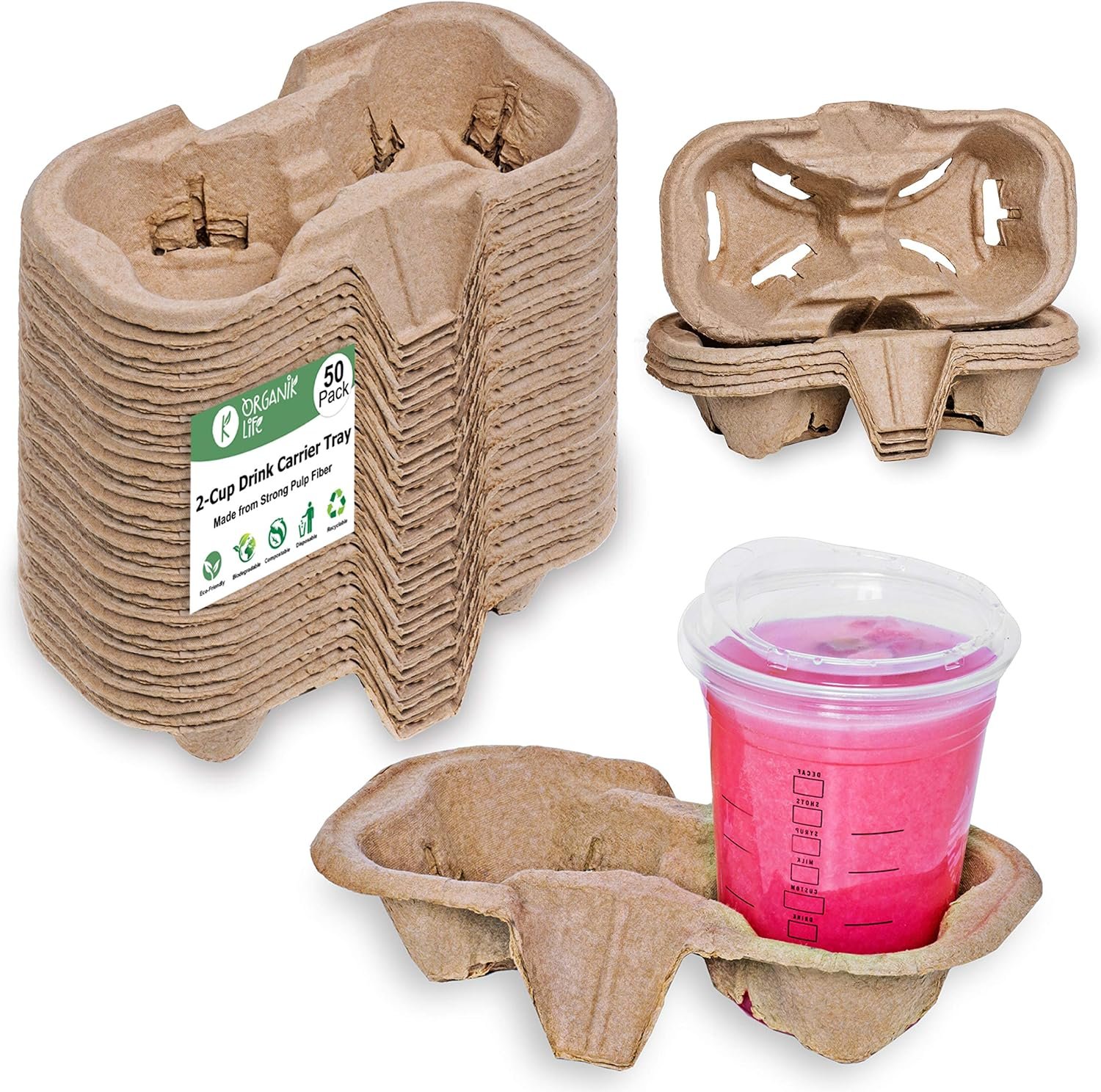 Logo Personalizado para Porta Vasos de 2 Tazas (Paquete de 50), portátil y biodegradable, soporte para bebidas frías o calientes, ideal para entregas, Marca Blanca, proveedor eco-amigable.