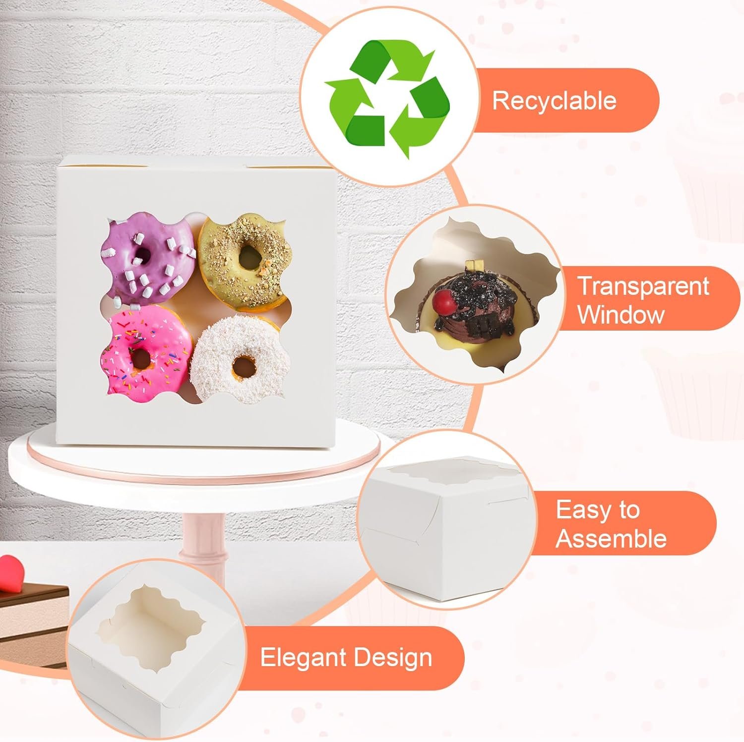 Logo Personalizado Cajas de Galletas con Ventana de 12 Pcs, 6x6x3 Pulgadas, Cajas de Pastelería Blancas, 50 Bolsas para Galletas y 12 Pegatinas, Marca Blanca para Postres, Chocolates, Macarons, Donas, Cupcakes, Proveedor.