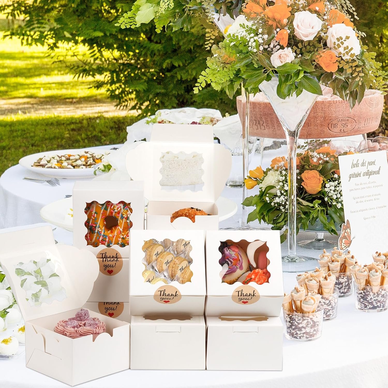 Logo Personalizado Cajas de Galletas con Ventana de 12 Pcs, 6x6x3 Pulgadas, Cajas de Pastelería Blancas, 50 Bolsas para Galletas y 12 Pegatinas, Marca Blanca para Postres, Chocolates, Macarons, Donas, Cupcakes, Proveedor.