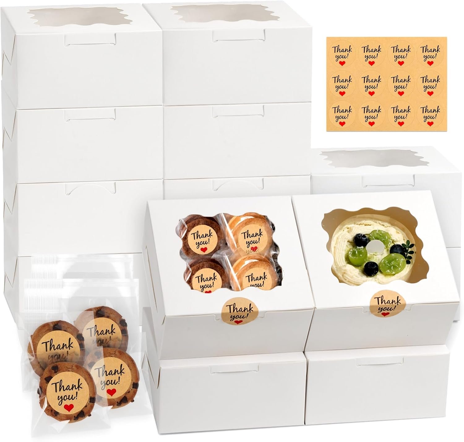 Logo Personalizado Cajas de Galletas con Ventana de 12 Pcs, 6x6x3 Pulgadas, Cajas de Pastelería Blancas, 50 Bolsas para Galletas y 12 Pegatinas, Marca Blanca para Postres, Chocolates, Macarons, Donas, Cupcakes, Proveedor.