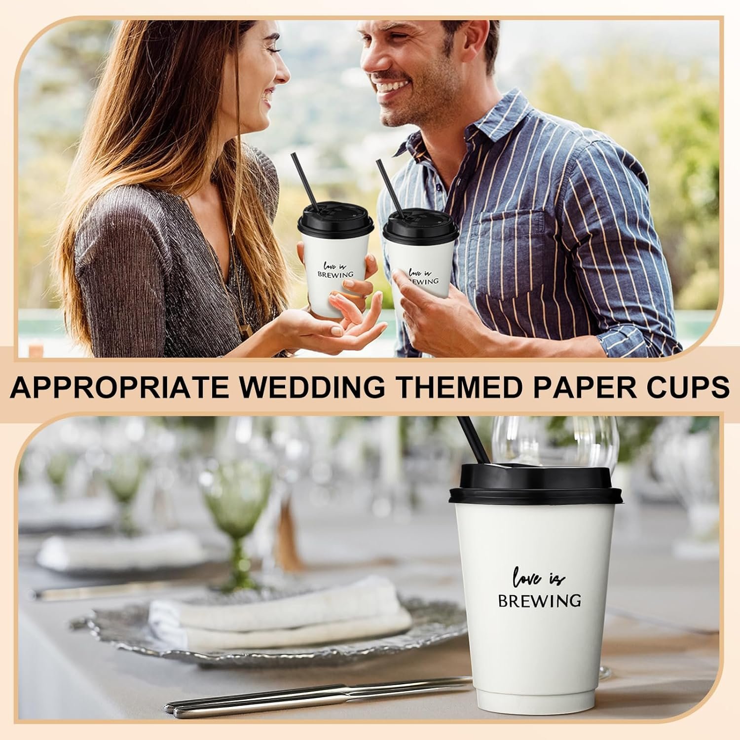 Tazas de café desechables para bodas 50 Pcs con tapa y popote, decoración de despedida de soltera y recepción, Logo Personalizado para fiestas, suministros de marca blanca, Fabricante de tazas para eventos especiales. Tazas de café desechables para bodas 50 Pcs con tapa y popote, decoración de despedida de soltera y recepción, Logo Personalizado para fiestas, suministros de marca blanca, Fabricante de tazas para eventos especiales.