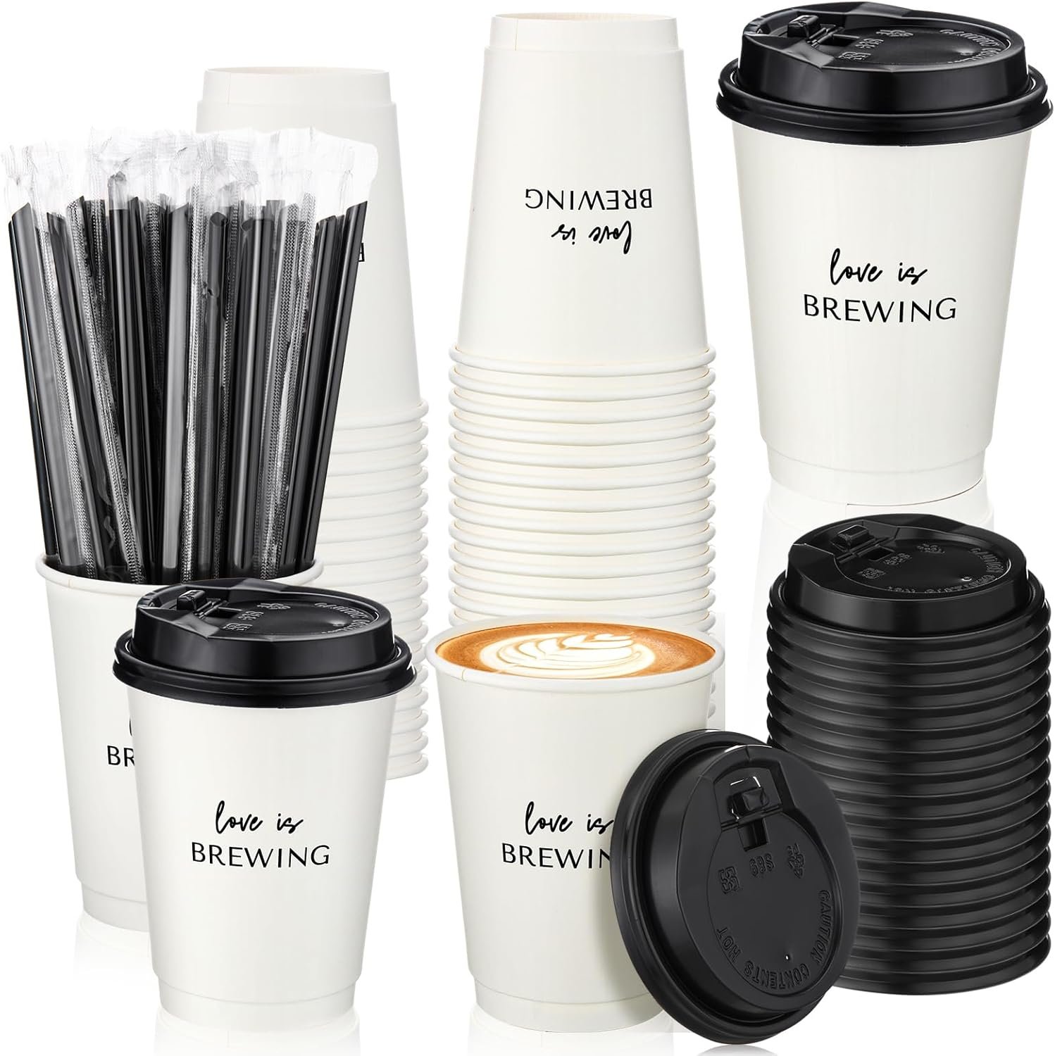 Tazas de café desechables para bodas 50 Pcs con tapa y popote, decoración de despedida de soltera y recepción, Logo Personalizado para fiestas, suministros de marca blanca, Fabricante de tazas para eventos especiales.