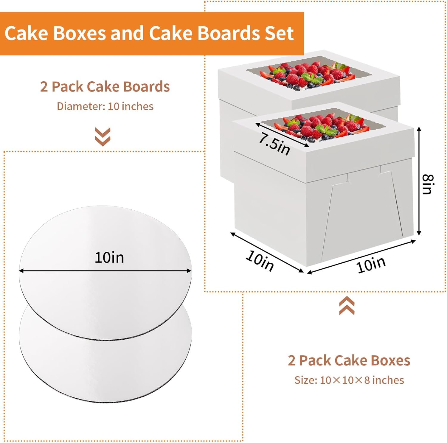 Caja de pastel de 10 pulgadas con tableros, 2 piezas de transportador desechable, portador de repostería blanco con ventana para galletas, tartas, cupcakes y pasteles, ideal para Marca Blanca, Fábrica de soluciones de empaque.
