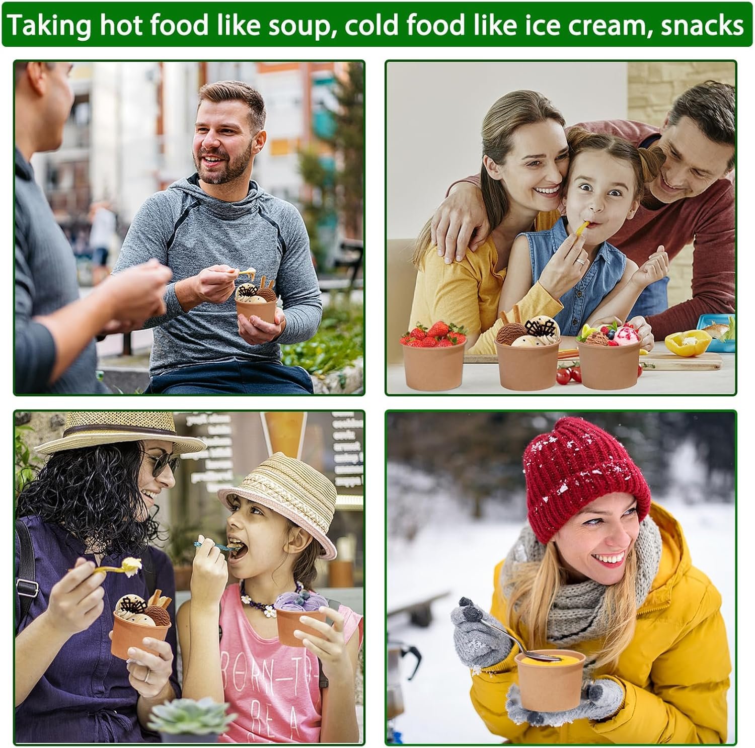 Contenedor de sopa desechable de papel kraft de 8 oz con tapa ventilada, ideal para personalizar con logo, envases de comida para llevar refrigerables y aptos para microondas, perfectos para sopa caliente o helado (100 Pcs - 8 oz) - Proveedor de soluciones en envases.