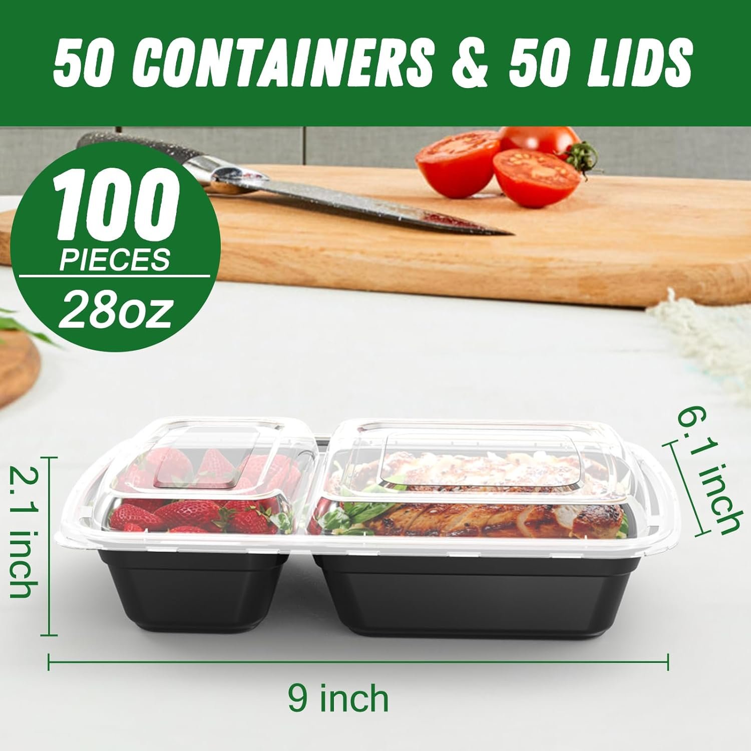 Logo Personalizado 50 Pack (100-Pieza) Contenedores de Comida de 28 oz Reutilizables con Tapas, 2 Compartimentos, Resistente y a Prueba de Fugas, Seguro para Alimentos, Apto para Microondas, Congelador y Lavavajillas, Almacenamiento de Alimentos para Llevar, Proveedor