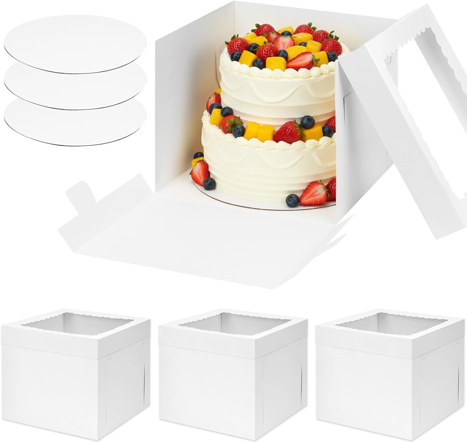 Caja de Pasteles 3 Pack de 12 Pulgadas con Tableros, Contenedores Blancos de 12x12x10 Pulgadas, Cajas Desechables para Pasteles, Cupcakes, Galletas, Tartas, Logo Personalizado, Marca Blanca de Proveedor.